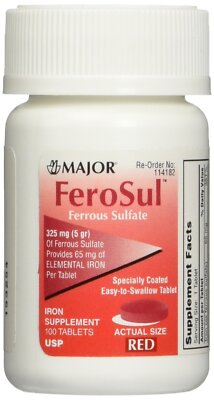 3 Pack Major Ferosul Ferrous Sulfate 325Mg Red Tablets 100 Each
