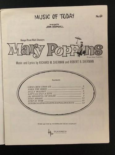 Vintage 1965 Walt Disney's MARY POPPINS - 8 Songs Easy Piano Sheet Music Hansen