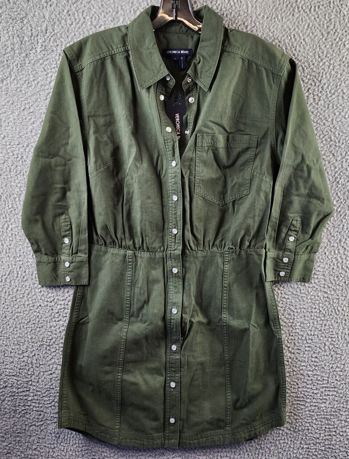 Veronica Beard Keston Twill Snap Front Shirtdress Women 10 Army Green 3/4 Sleeve - Picture 2 of 16