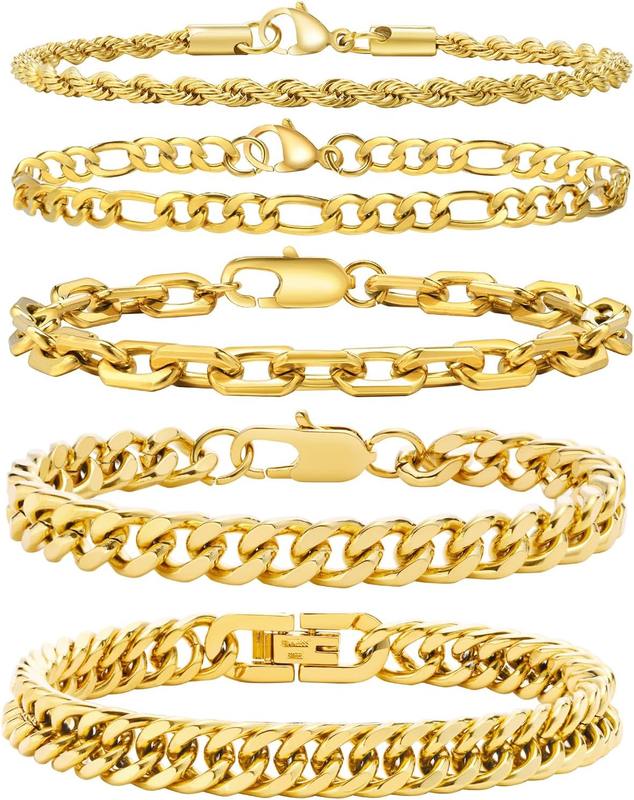 VNOX 2-Pack Stainless Steel Chain Bracelet Set For Men & Women - Cuban & Rope Link Bracelets, 6.5 Inch
