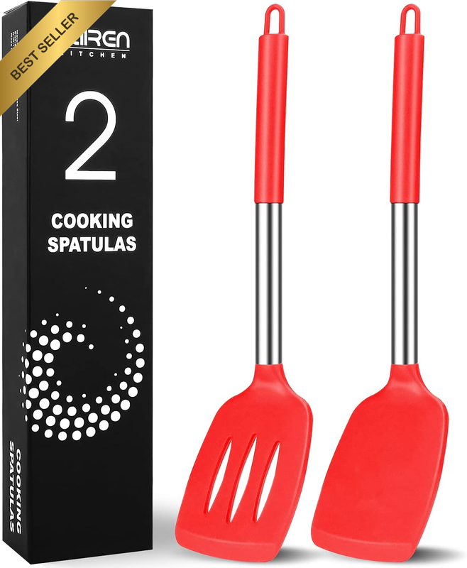 2 Pack Silicone Spatulas Turners, Stainless Steel Cooking Utensils BPA Free,Heat