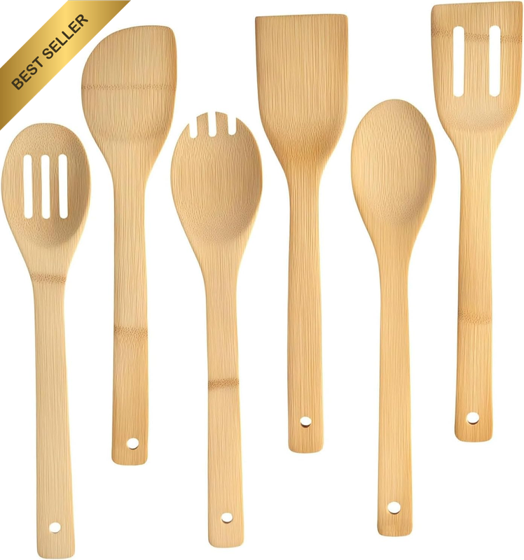 6-Piece Wooden Utensil Set, Natural Bamboo Cooking Spoons & Spatula with Slotted