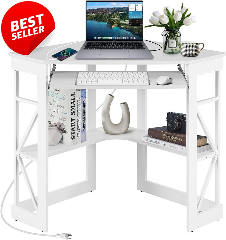 Corner Desk 41x30 Triangle Small Space Shelves Charging White - US