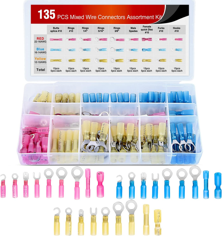 135 PCS Heat Shrink Wire Connectors - Electrical Terminals Kit - Marine Automoti