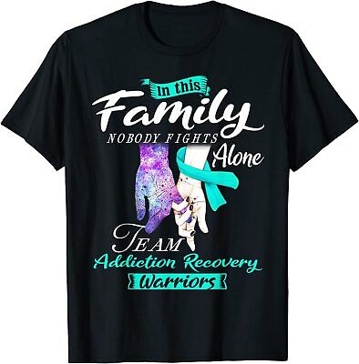NEW In This Family Nobody Fights Alone Team Addiction Recovery T-Shirt S-3XL