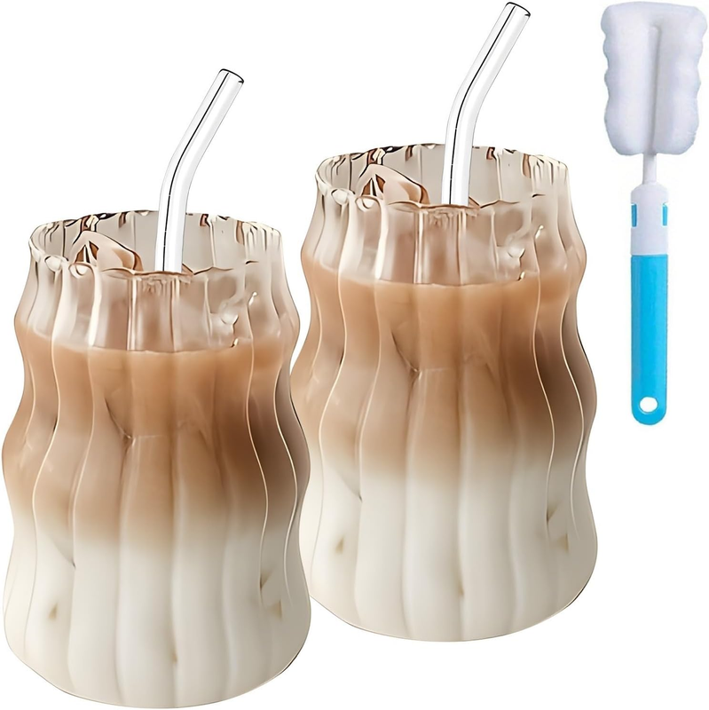 2Pcs 530ML Glass Mugs with Straws - Clear Iced Coffee Cup Matcha Ribbed Wavy Gla