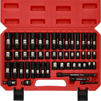 MIXPOWER 3/8'' Drive Deep Impact Socket Set, 6 Point, 49 Piece Standard SAE