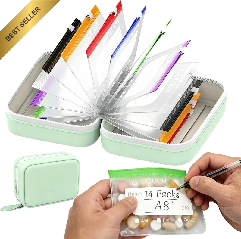 Waterproof Pill Organizer Set, 7–14 Day Travel Tablet Box with 14 Color-Pill Pou