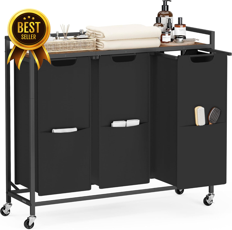 Laundry Sorter 3 Section, Rolling Cart with Shelf 43.5 Gal. (165 L)