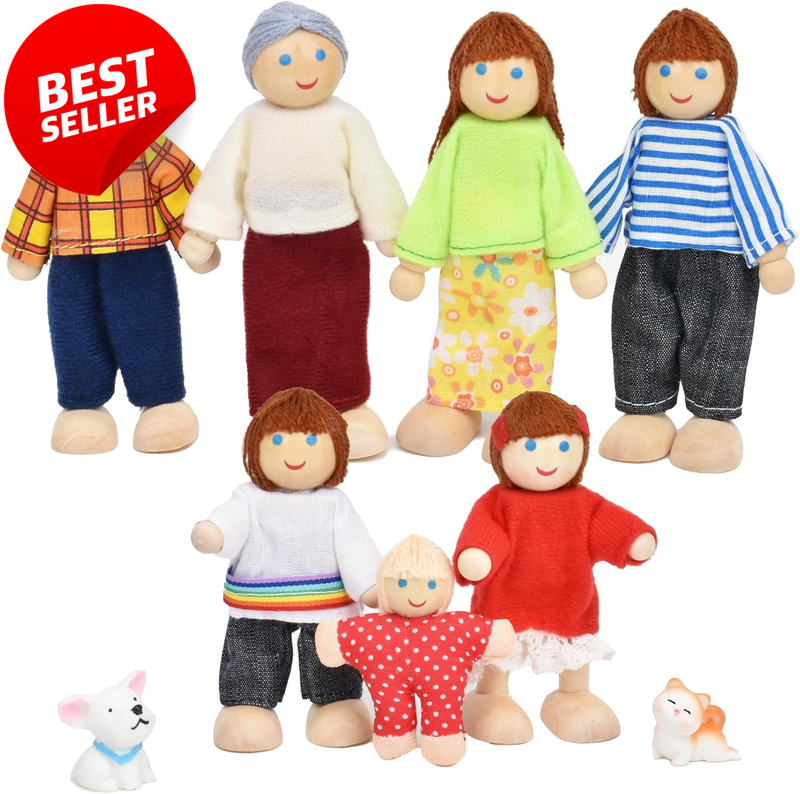 7-Piece Wooden Dollhouse Family Set with 2 Pets Mini Figures Kids Toy - US