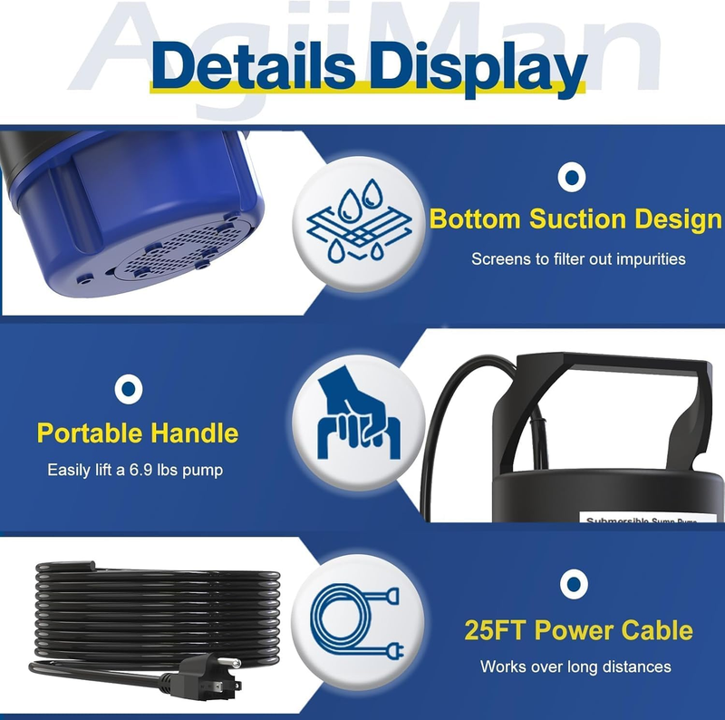 Submersible Water Pump - 1.5HP 3800GPH Sump Pump Auto On/Off and Check Valve, 25