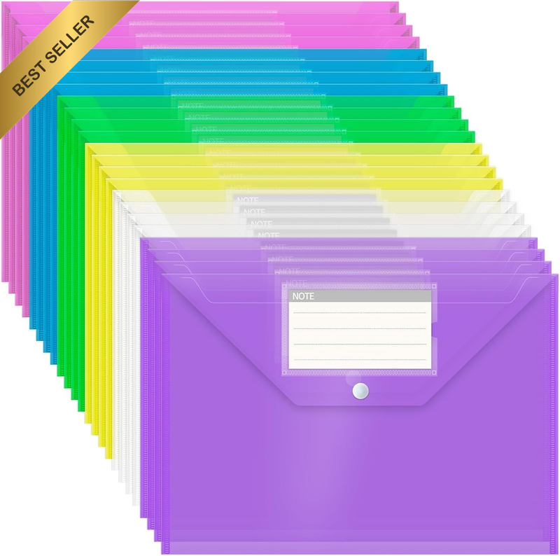 Plastic Wallets, 24 Pack A4 File Folders for Document Paperwork Clear Assorted C