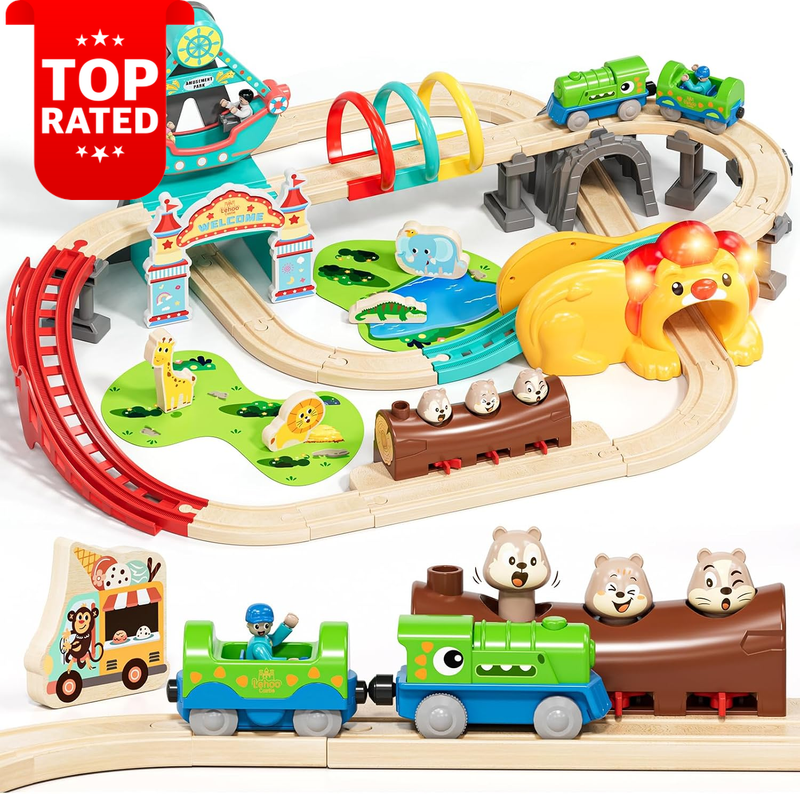 Wooden Dinosaur Train Set STEM Toy for Kids Age 3-5 Boys Girls Gift