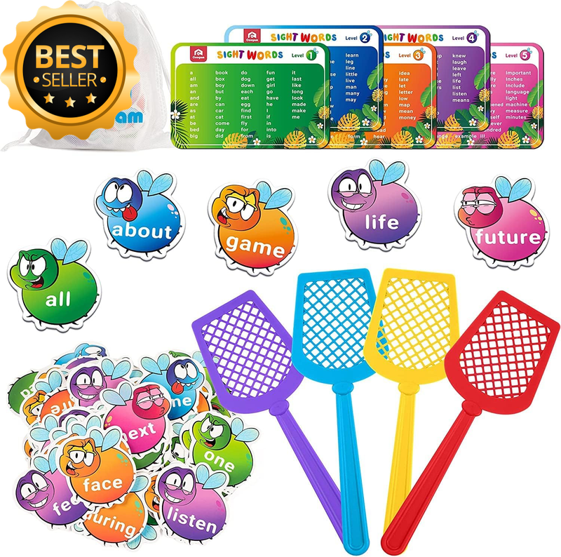 Sight Words Swat Game with 400 Fry Site Words and 4 Fly Swatters Set, Dolch Word