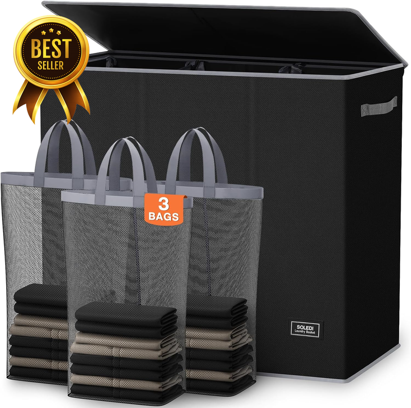 Large Laundry Hamper 3 Section with Laundry Bag, XL Clothes Basket