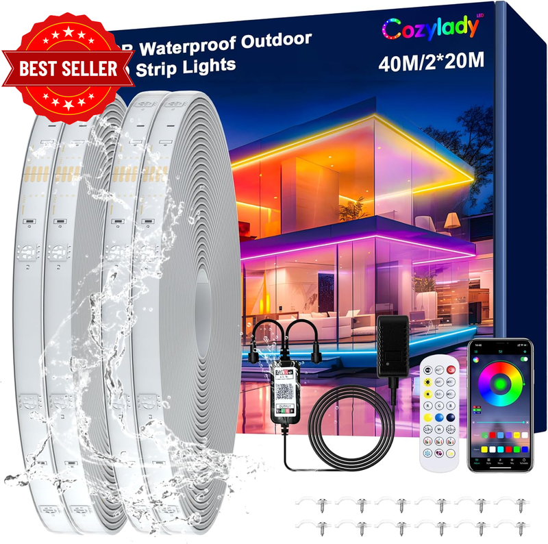 Outdoor LED Strip Lights 40M,  IP67 Waterproof Bluetooth RGB Light 131FT, App&Re