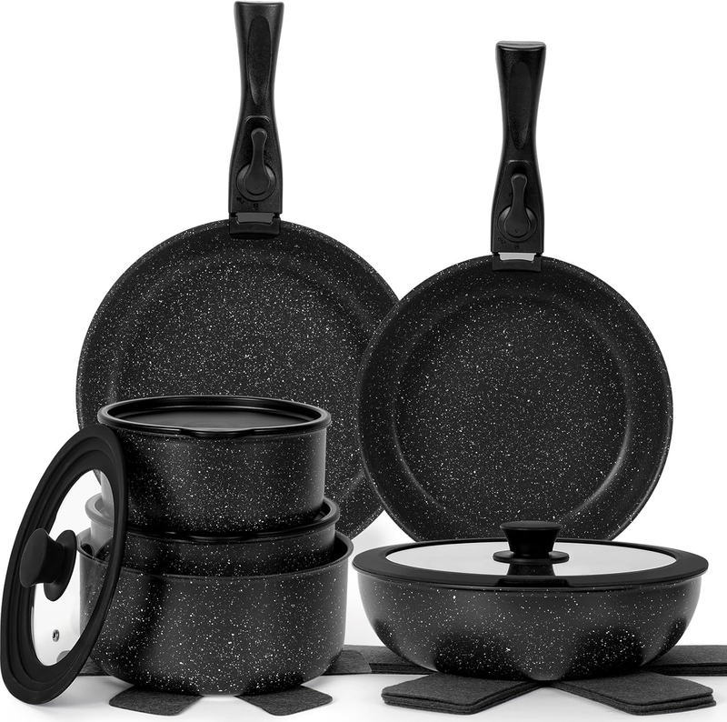 17 Pcs Pots and Pans Set Non Stick, Cookware Sets with Detachable Handle, Nonstick RV Kitchen Cooking Tools Removable Handles, Oven Safe, Induction Fast, Stackable Induction Cookware, Black