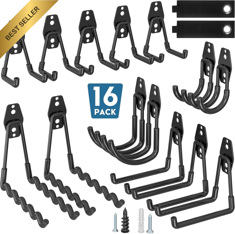 16 Pack Black Garage Hooks, Heavy Duty Wall Mount Holds up to 439 Kg on Wood/Bri