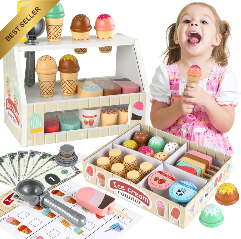 Wooden Ice Cream Store Playset with Counter, Scoop, and Menu for Kids 3-6