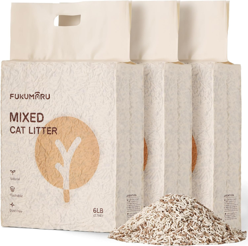 Tofu Cat Litter, 18 LBS Clumping Cat Litter Flushable, Dust Free, Natural, Unscented, Lightweight, Low Tracking, Mixed Apple Wood, 24/7 Odor Control, 6Lb X 3Bags