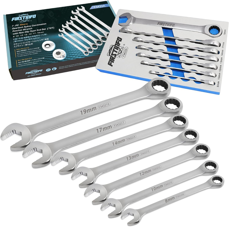 F3432A Metric Spline Box End 72T Ratcheting Combination Wrench Set, 7-Piece Span