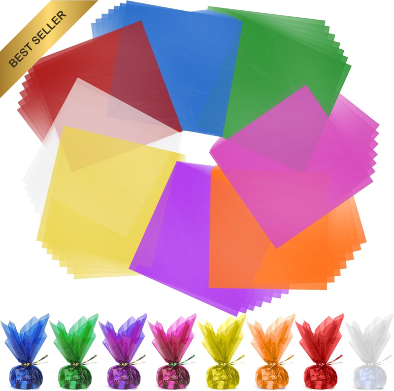 Cellophane Wrap, 160Pcs Cellophane Sheets, 8 Multi-Colors Colored Cellophane, 7.