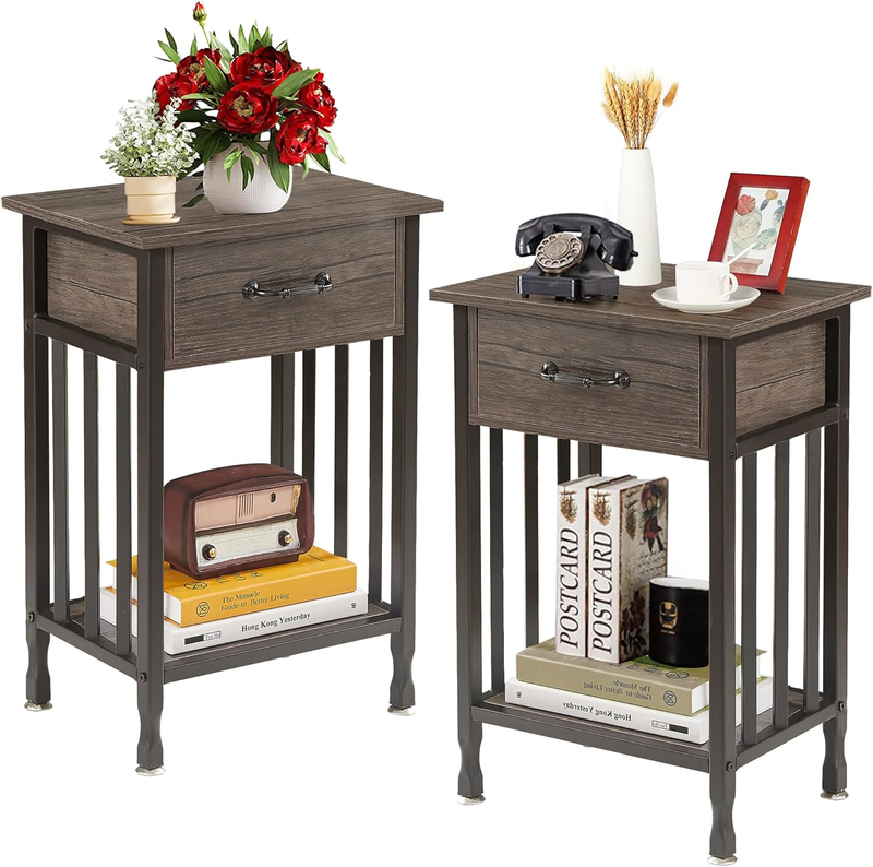 Nightstands Set of 2, Industrial Side Table/End Tables with Drawer and Storage Shelf, Night Stands for Bedroom, Living Room, Wood Metal Furniture, Easy Assembly