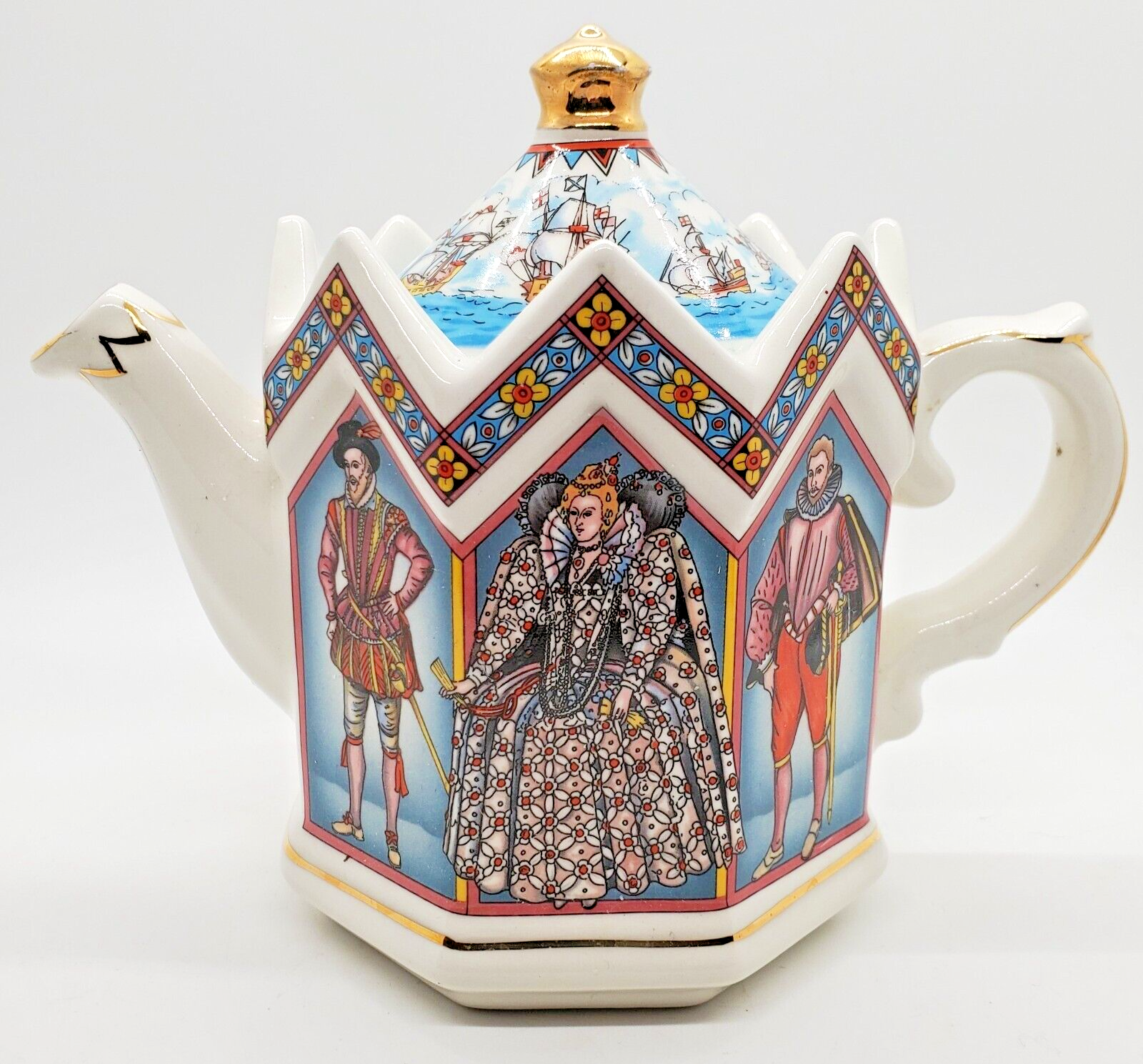 煎茶道具 明治期京薩摩 金彩色絵『七福神』急須/湯冷まし/煎茶碗(五客