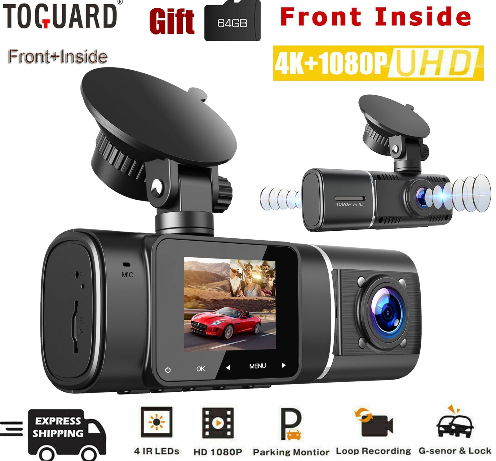 TOGUARD UHD 4K Dual 1080P Dash Cam Cabin Car Camera Driving Recorder 64GB Card