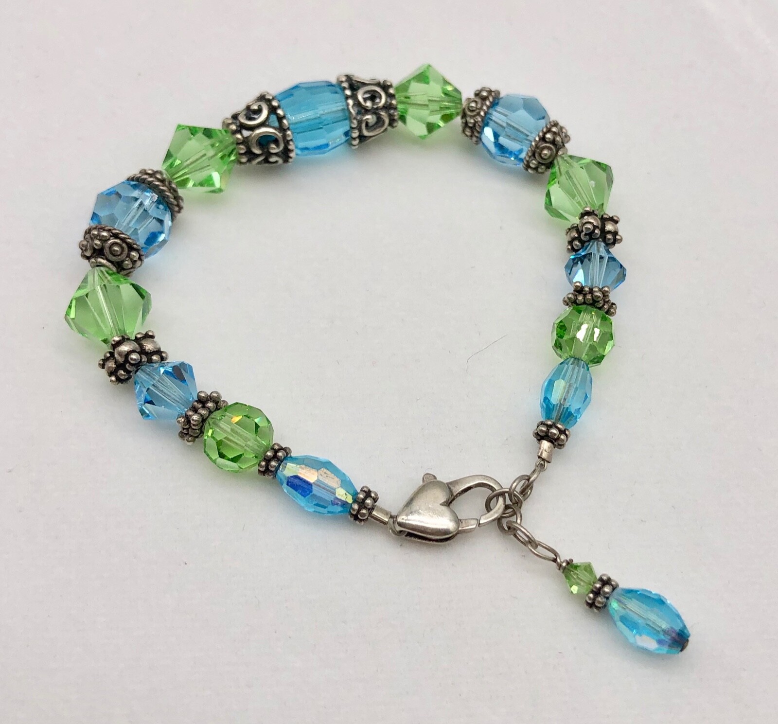 Green Blue Cut Glass Beaded Bracelet Sterling Clasp Faceted