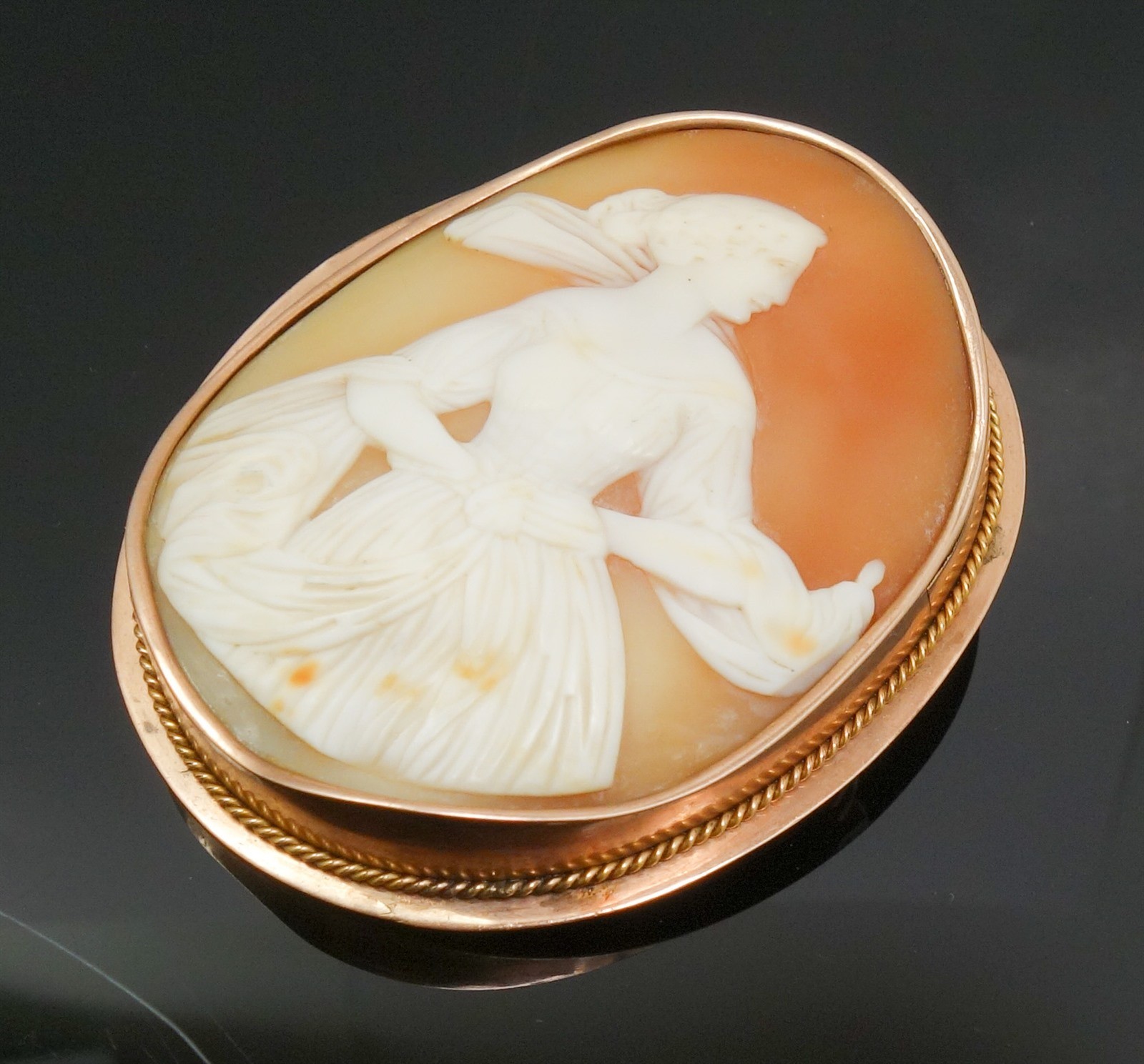 Antique 1850s/60s Large Dancing Woman Rose Gold Cameo Brooch for Restoration