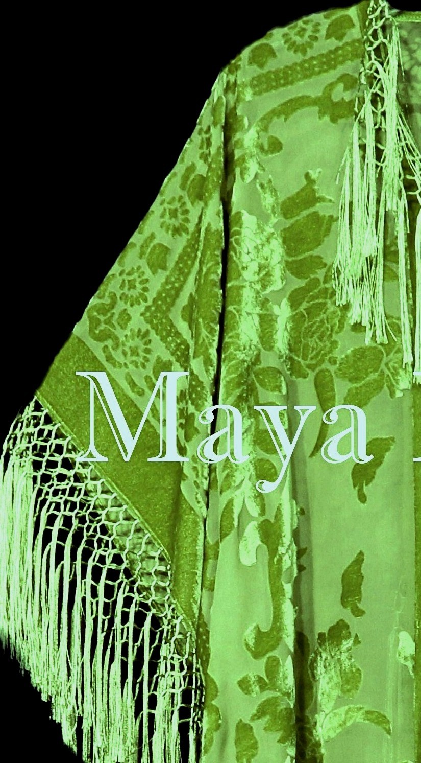 Pre-owned Maya Matazaro Greenery Green Silk Burnout Velvet Fringe Jacket Kimono Duster  In Greenery Green Hand Dyed