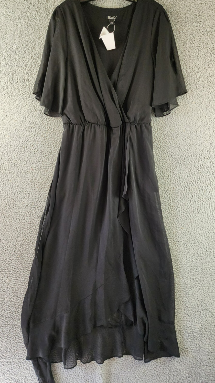 SLNY Fashions Ruffled Wrap Dress Women's 16 Black Surplice Neck Belted Pullover - Picture 2 of 16