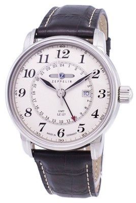 Pre-owned Zeppelin Lz 127 Graf Dual Time Gmt Beige Dial Leather Band 76425 50m Mens Watch