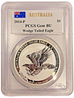 2014-P Australia Silver Dollar PCGS Gem BU, Wedge Tailed Eagle, John Mercanti