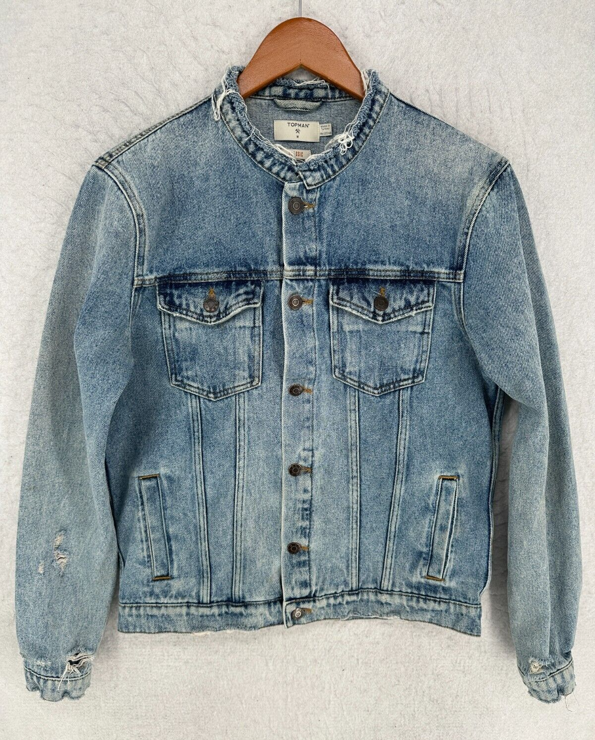 Topman Denim Jacket Mens Medium Classic Fit Distressed Jean Button Blue *stain*