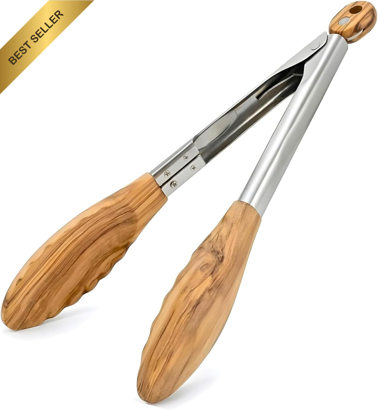 12 Inch (30.48 Cm) Olive Wood Stainless Steel Tongs, Multi-Purpose Kitchen/Bbq/C