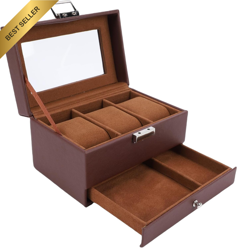 2 Layer Watch Case for Men Women, 3 Slot Watch Box Holder Organizer with Drawer,