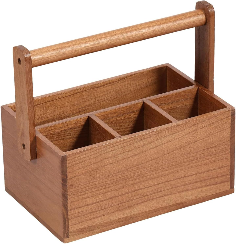 Acacia Wood Utensil Caddy with Handle, 4 Compartment BBQ Tool Holder & Napkin Or