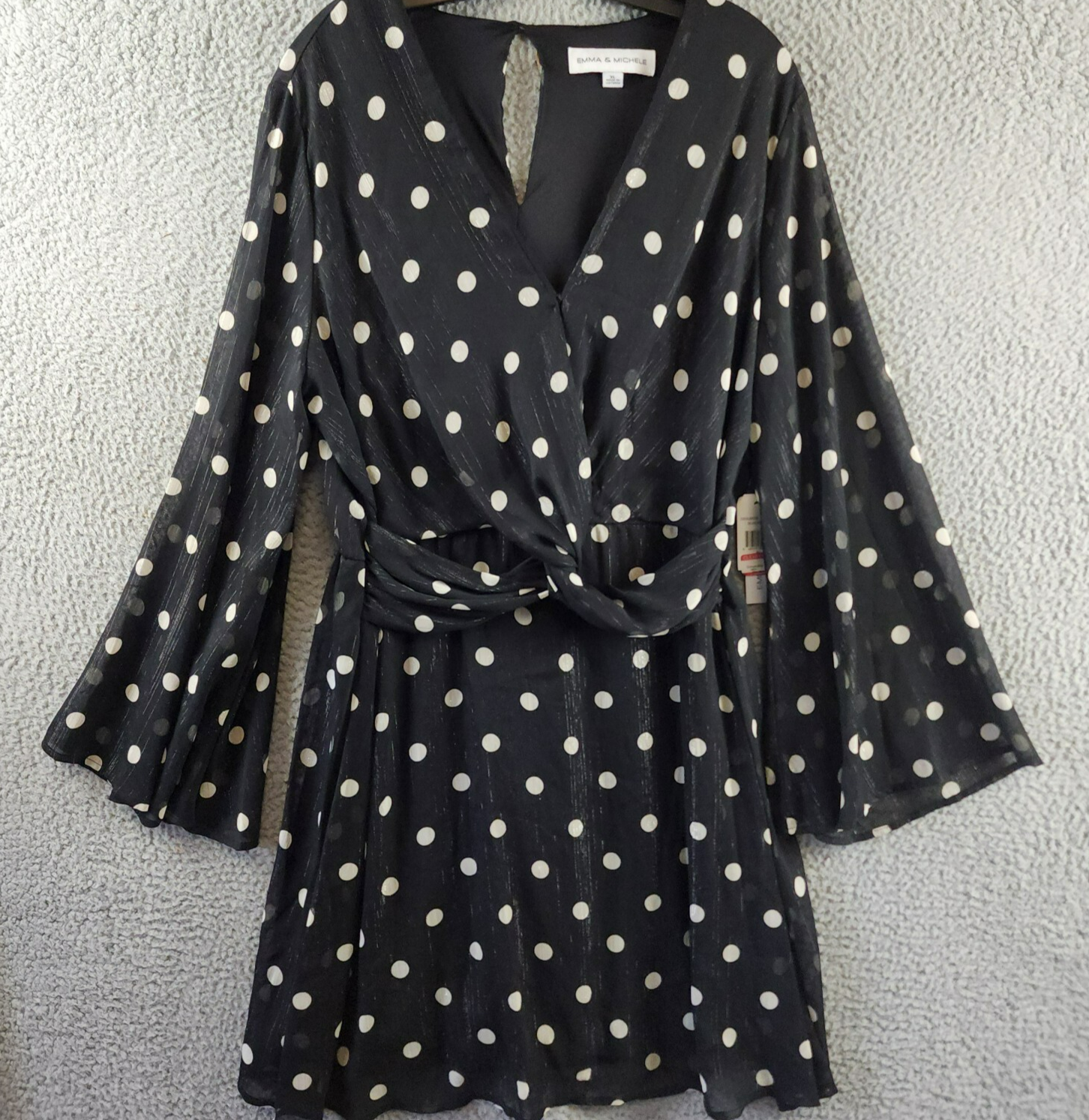 Emma & Michelle Faux Wrap Dress Womens XL Black/White Dot Snap Front Button Back - Picture 1 of 13