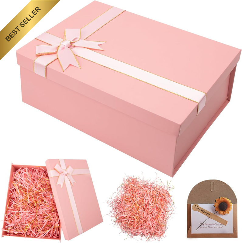 Pink Gift Box with Lid for Presents, 22X16X8Cm Cardboard Bow Gift Box with Shred