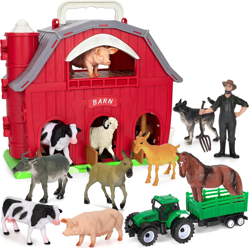 Ellinjan Farm Animals Toys for Toddlers Girls Boys, Big Red Barn Farm with Figur