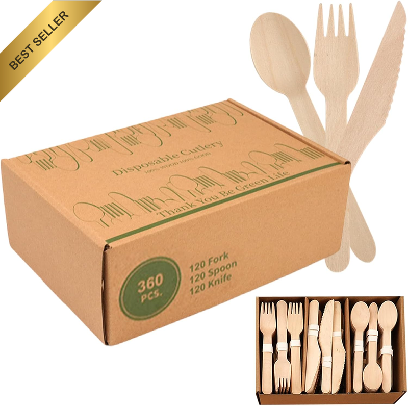 360 Pieces Wooden Disposable Cutlery(120 Forks, 120 Spoons, 120 Knives)