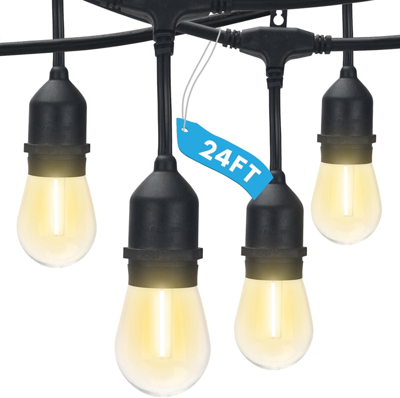 24FT LED Outdoor String Lights Commercial Grade Waterproof, 12 Edison S14 Shatterproof Bulbs, Hanging Lights for Patio, IP65, Decorative outside Lights for Backyard Garden Cafe Balcony