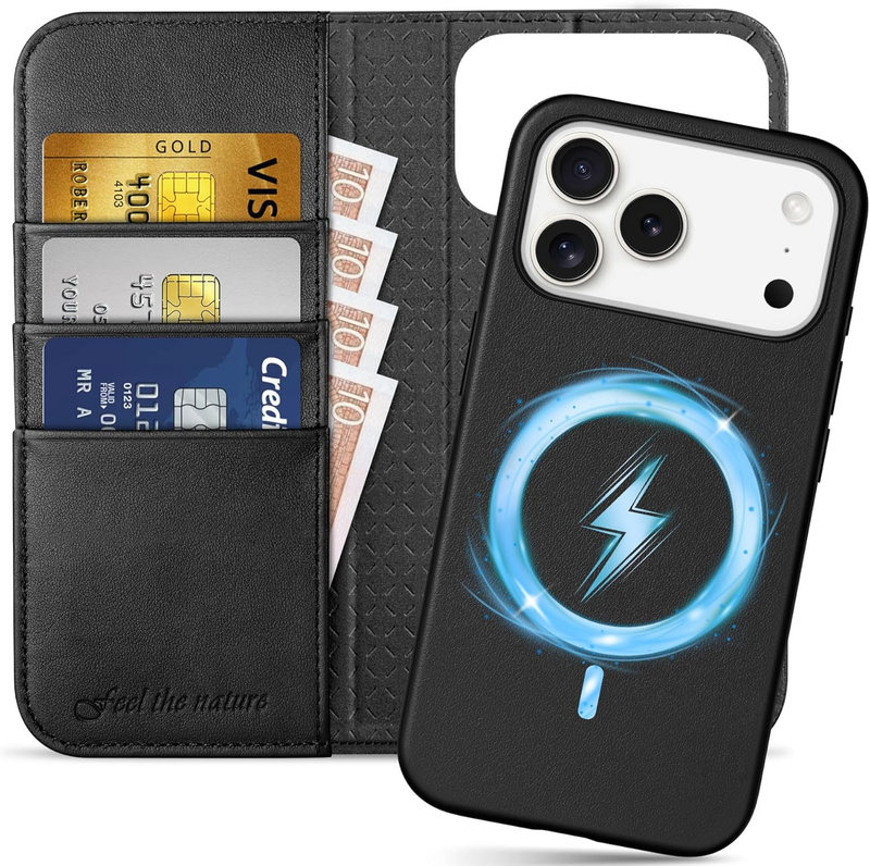 Genuine Leather Detachable Wallet Case for iPhone 17 Pro Max 6.9", Wireless Char