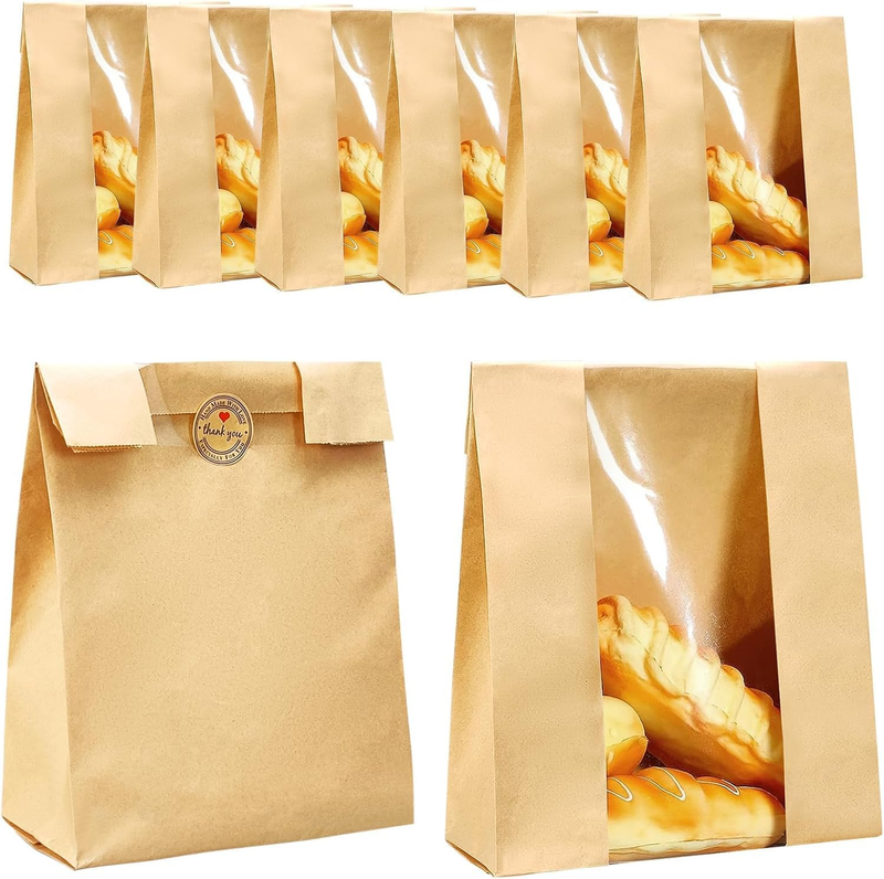 50Pcs Kraft Bread Bags with Window, 12.2×8.2×3.5Inch Bakery Paper Bags, Homemade