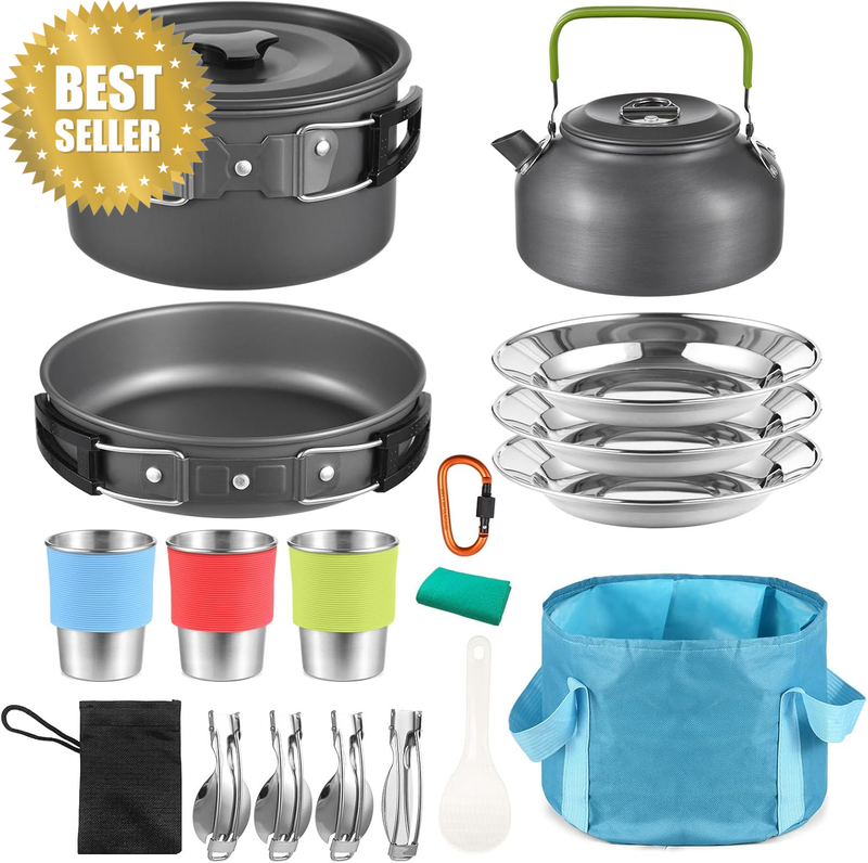 Camping Cookware Kit, 22PCS Camping Pot and Pan Set with Camping Kettle Stainles