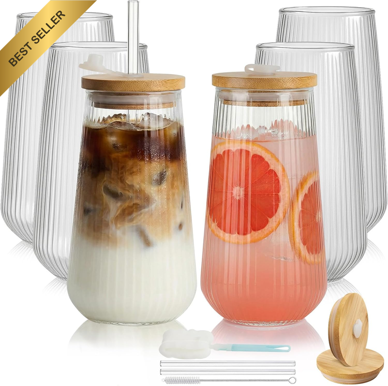 Borosilicate Glass Cups with Lids and Straws,16Oz Reusable Iced Coffee Cup with