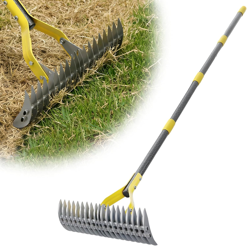 Dual-Action Dethatcher Rake - 19-Tine, Heavy Duty Landscaping Rake, Adjustable Thatch Rake with 40-57 Inch, Metal Rake, Turf Rake for Artificial Grass, Cleaning Dead Grass, Soil Loosening & Yard Care