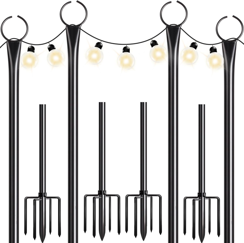 4 Pack String Light Poles with Hook, 9.4FT Outdoor Metal Lighting Pole for Hangi